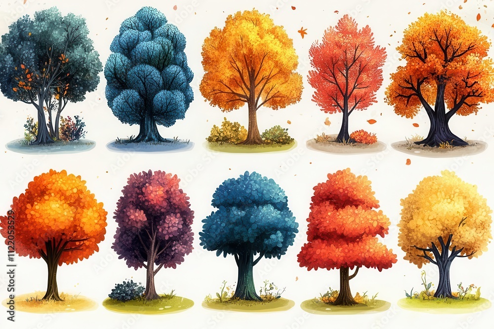 collection of colorful cartoon clipart bush trees, whimsical style with exaggerated shapes and vibrant colors, isolated on a clean white background, perfect for playful designs and illustrations