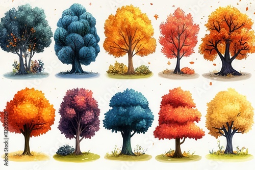 Obraz na płótnie collection of colorful cartoon clipart bush trees, whimsical style with exaggerated shapes and vibrant colors, isolated on a clean white background, perfect for playful designs and illustrations w salonie