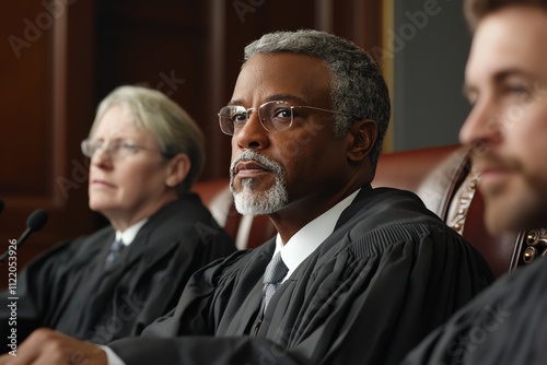 A group of serious judges in formal robes attentively listening during a court session, symbolizing authority and justice in a courtroom setting. photo