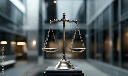 A balanced scale symbolizes justice and fairness in a modern office setting. It represents the balance of law and equity in professional environments.