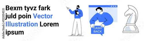 Businessman presents strategy, man receives cashback, chess knight represents strategy. Ideal for finance, online marketing, business strategy, presentations, ecommerce, education, user experience