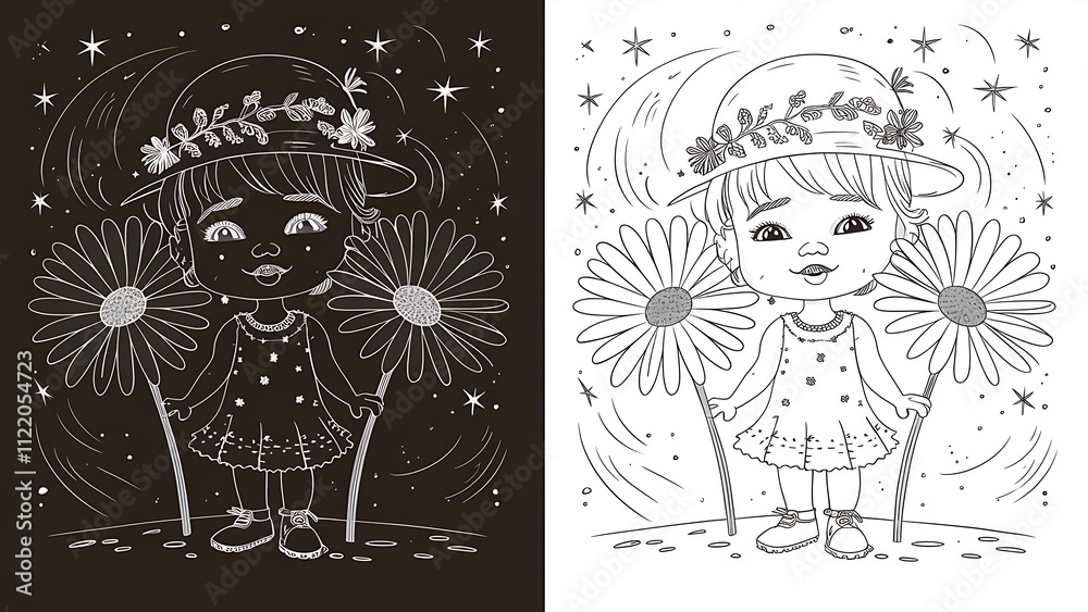 Fototapeta premium Two backgrounds with a fictional girl and a flower on a white background. The made-up girl's face and the daisy, drawn in a solid line.