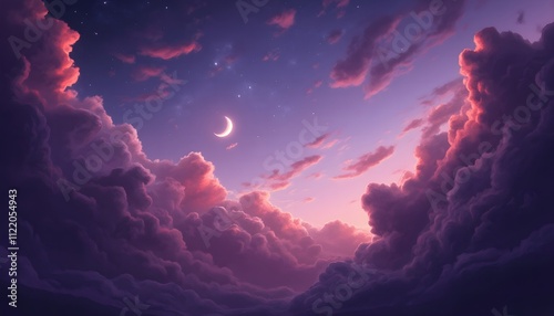 Soft pastel clouds illuminated by the crescent moon in a serene twilight sky