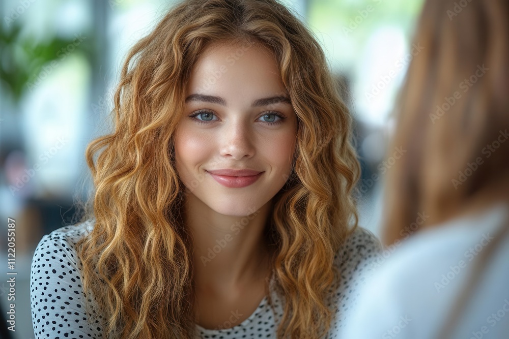 Obraz premium confident female manager conducting an interview with a poised applicant in a bright, modern office, radiating professionalism and warmth in their interaction