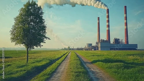 Industrial factory with tall chimneys surrounded by greenery and clear skies, symbolizing production, environmental balance, and the concept of sustainable industrial practices. photo