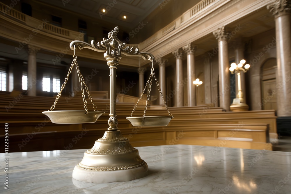 A symbolic scale of justice in an empty courtroom, emphasizing fairness ...