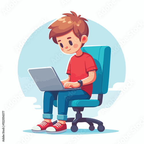 a boy is using his laptop vector