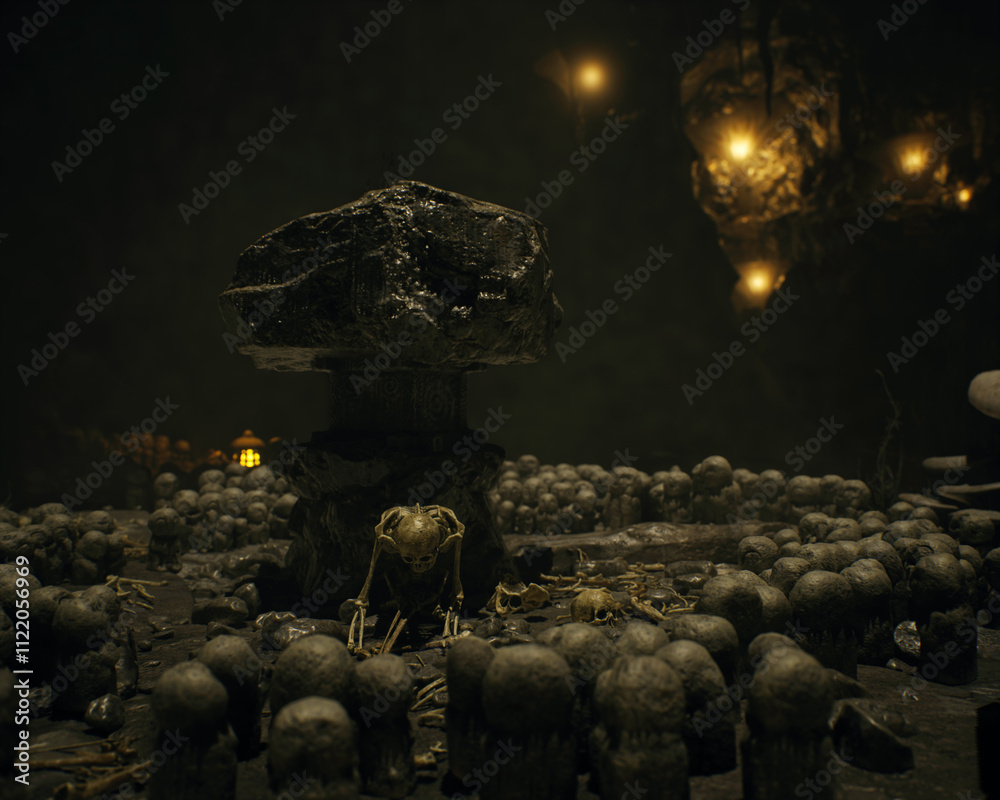 Skulls and bones in an ancient dark mysterious fantasy cave. 3D render.