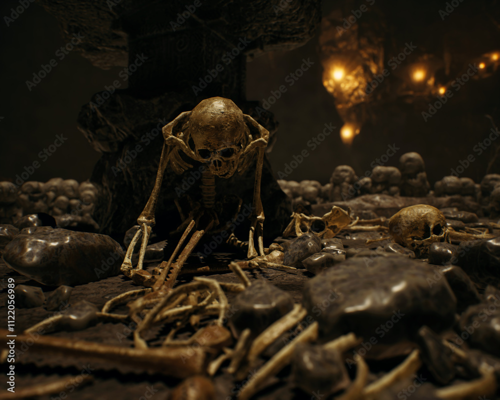 Skulls and bones in an ancient dark mysterious fantasy cave. 3D render.
