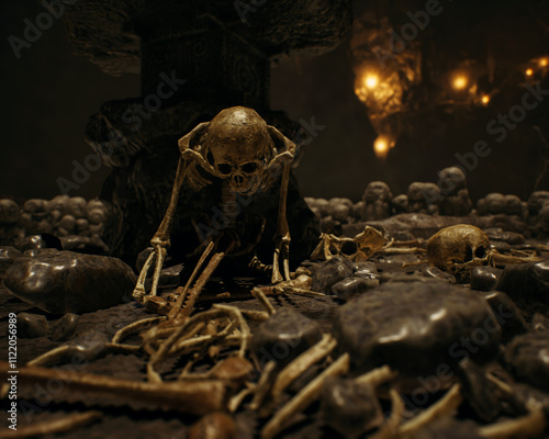 Obraz na płótnie Skulls and bones in an ancient dark mysterious fantasy cave. 3D render. w salonie