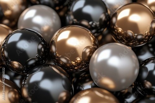 Spheres in metallic shades of black, silver, and bronze are arranged in an abstract manner on a shiny surface, creating a striking visual effect. Generative AI