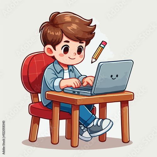 a boy is using his laptop vector