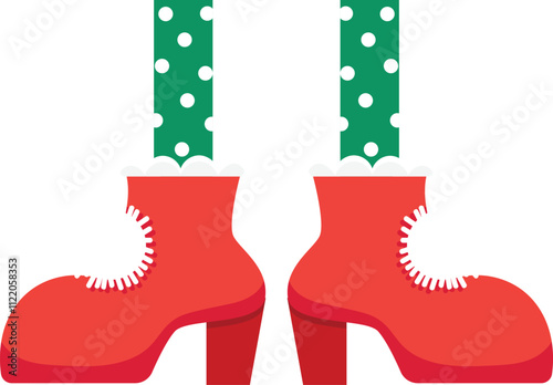 Christmas elf legs wearing red high heel boots with white fur trim and green tights with white polka dots, bringing a festive touch to holiday celebrations