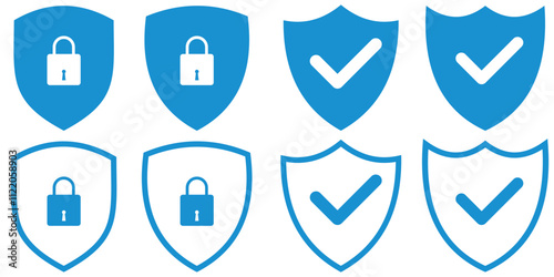 Security shield sign vector illustration, Lock security icon, Set of security shield icons, security shields symbols with check mark and padlock, Shield security icon, Safety, protection sign. Blue 