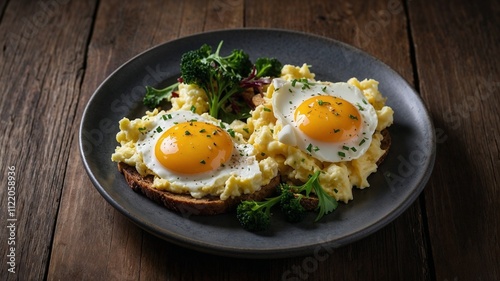 Scrambled eggs and fried eggs served on toast with fresh herbs and broccoli on a dark plate