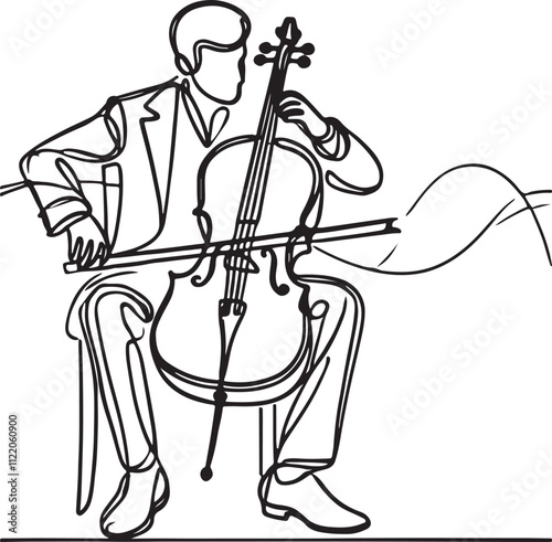 Line Art of a Man Playing Cello on a White Background