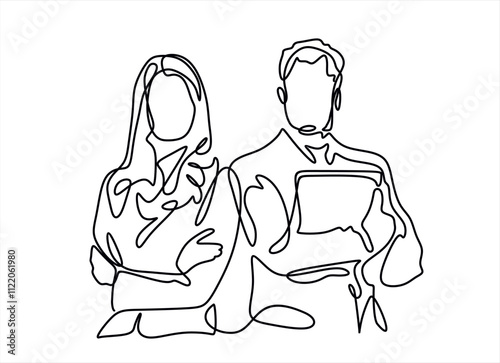 continuous one line drawing of business people, businesswoman and businessman line art vector illustration