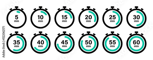 Timer, clock, stopwatch countdown icon set in black and cyan color vector illustration. Set of timers. 5, 10, 15, 20, 25, 30, 35, 40, 45, 50, 55, and 60 minutes. Countdown timer icons set.