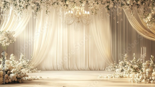Elegant wedding ceremony backdrop with floral arrangements and drapes.
