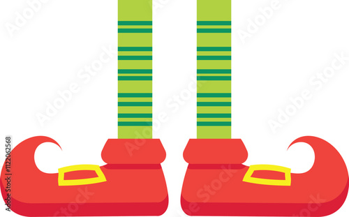 Christmas elf legs wearing green and red striped stockings and curled toe shoes with gold buckles are a festive addition to holiday decorations and designs