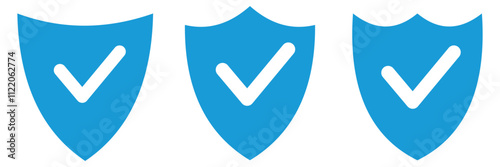 Shield with check mark icon. Shield check mark logo. Protection approve sign. Strong protection tick shield. Tick mark approved. Blue Shield with check mark icon.