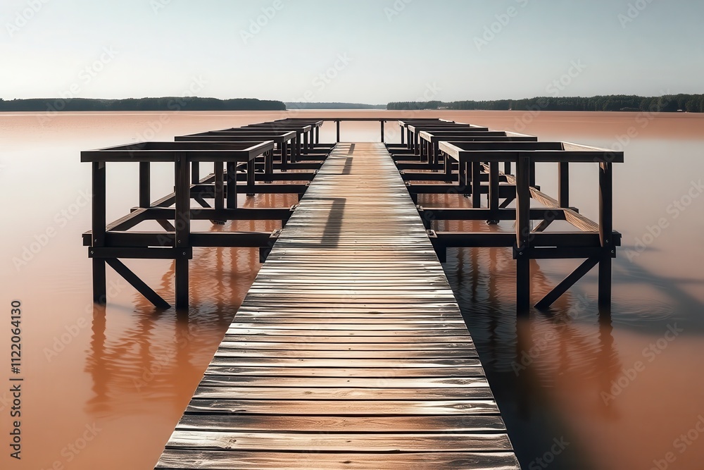 Obraz premium wooden dock in lake with blue sky