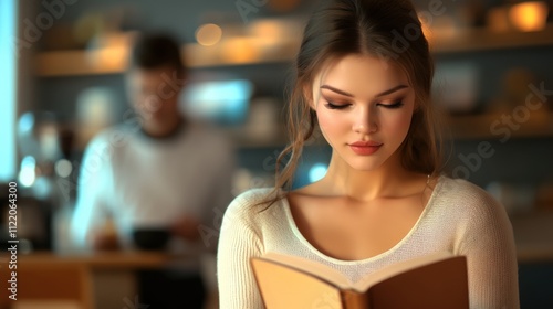 Young Caucasian woman reading a book in a cozy cafe, with a blurred man in the background, AI Free Download Young Caucasian woman reading a book in a cozy cafe, with a blurred man in the background, AI - GFXLoad