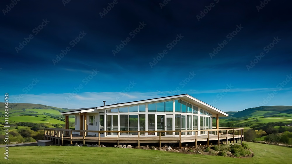 Fototapeta premium Modern glass house with wooden porch near green hills under blue sky in scenic countryside