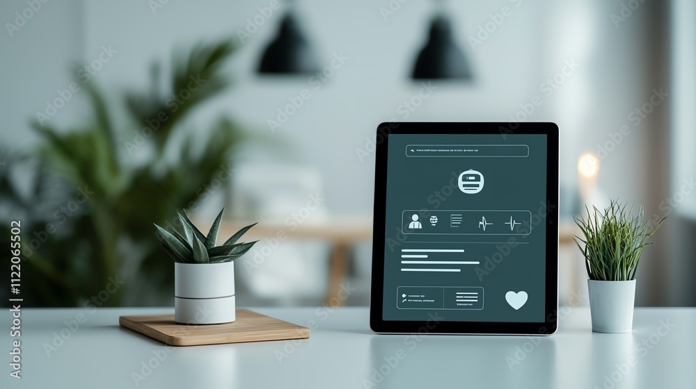 Fototapeta premium Modern tablet displaying a user interface with plants in a stylish workspace, perfect for technology and lifestyle themes.