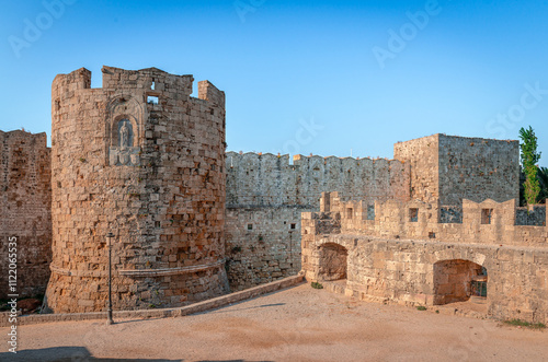 The Gate of St. Paul and the city walls of the medieval town of Rhodes, in Rhodes Island, Dodecanese, Greece.