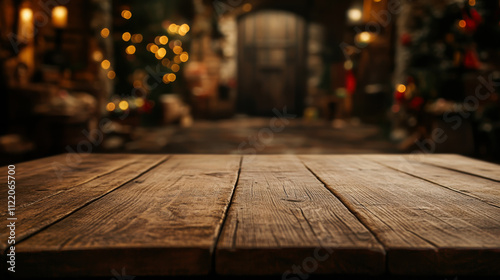 A rustic wooden table in a cozy room decorated for Christmas with a tree in the background, creating a festive atmosphere photo