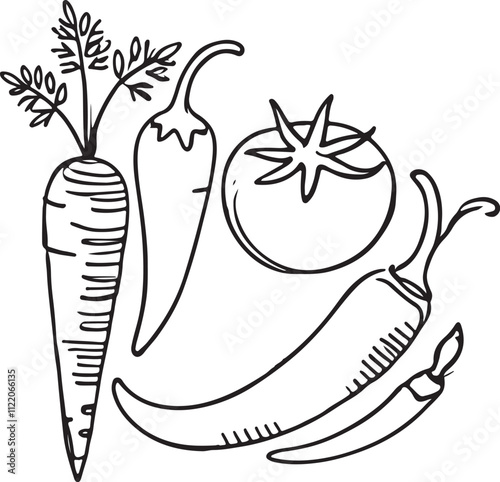 Minimalist Line Art of Vegetables- Carrot, Tomato, and Chili on White Background