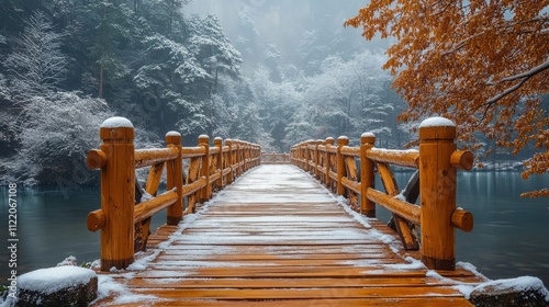 Snowy, wooden bridge in a winter day photo