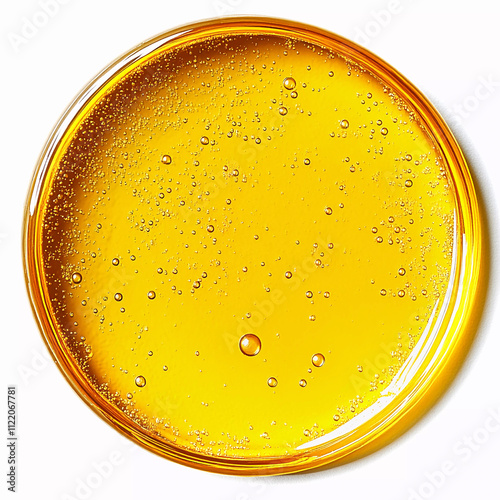 Drop of yellow oil swatch texture in petri dish with bubbles, cosmetics isolated on white background