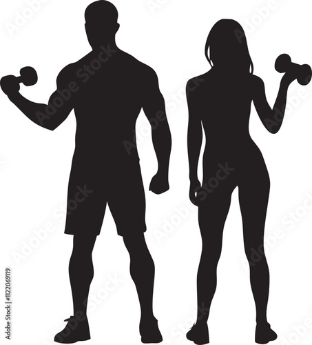 Muscle man and woman with dumbbells 