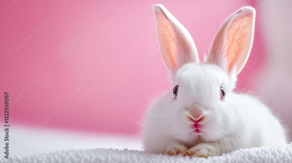 Fototapeta premium White bunny with pink ears resting on soft surface