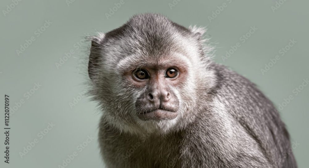 Fototapeta premium Pensive portrait of a gray-capped monkey on neutral background for wildlife studies