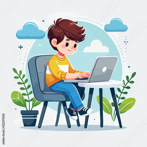 a boy is using his laptop vector