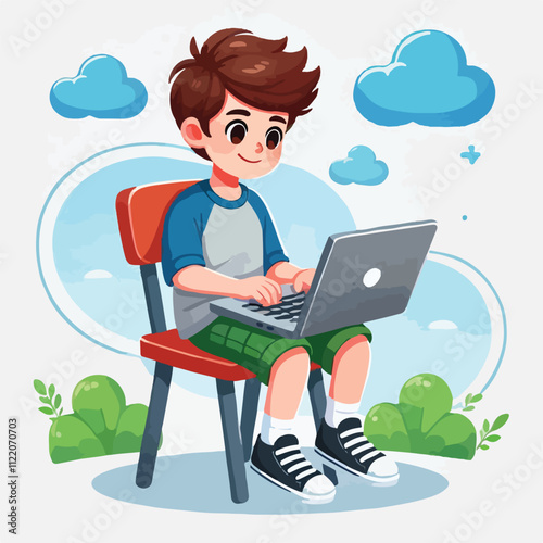 a boy is using his laptop vector