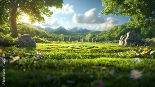 Celtic Knot Design with Ancient Stone Circle in a Meadow. Generative AI