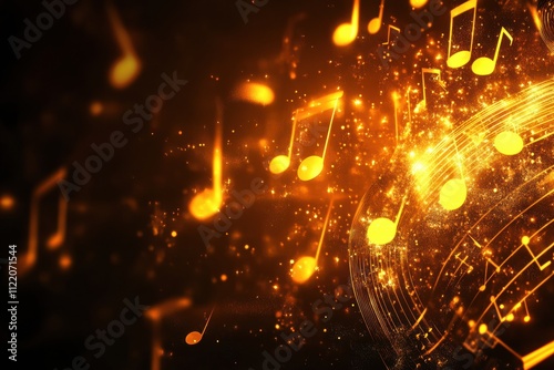 Bright musical notes illuminate the space with vibrant sparkles on a dark background, creating a captivating 3D abstract design. Generative AI