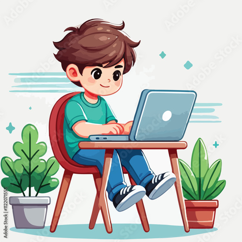 a boy is using his laptop vector