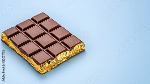 a photostock of a single chocolate bar with gold wrapping on a clean white surface, luxury food 2025
