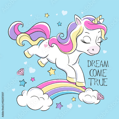 Cute unicorn. Animal print for clothes and fabric. Cartoon character. blue
