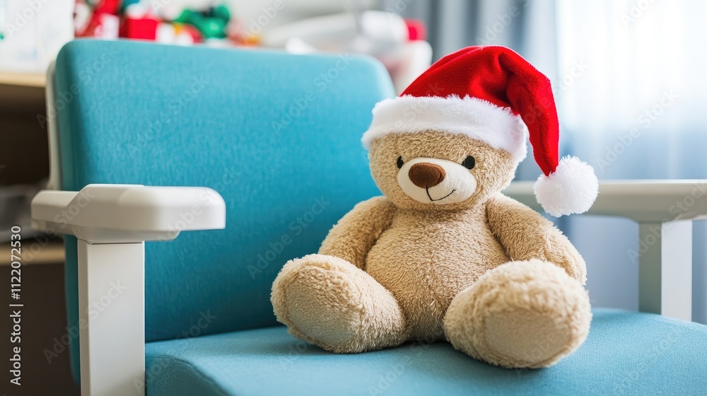 Fototapeta premium A comforting teddy bear with a Santa hat sits on a chair near a child in a hospital room, spreading hope.