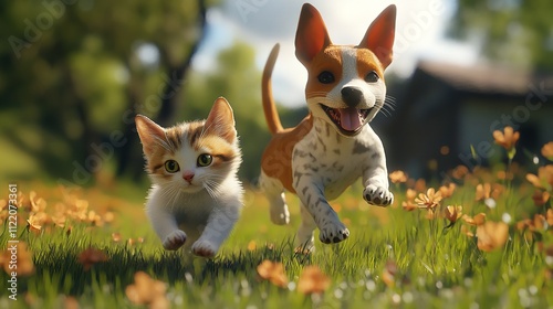 Happy dog and cat running playing together outdoor green field

 photo