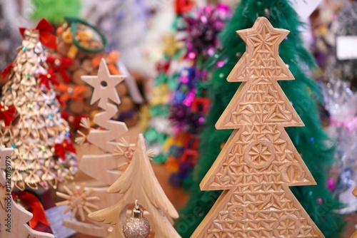 Christmas trees made of wooden natural materials close-up for home decoration photo