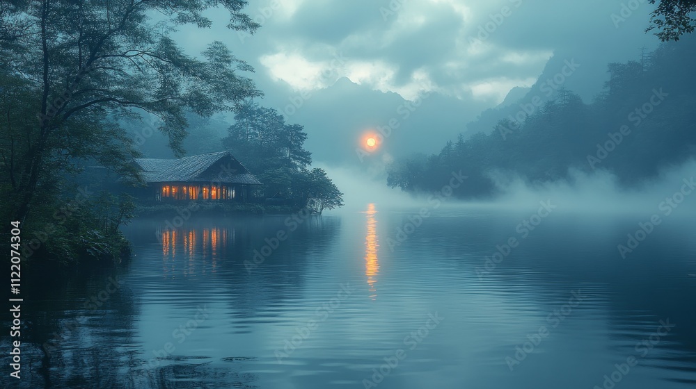 Obraz premium Serene Lakeside Cabin at Dusk: A Misty Mountain Retreat