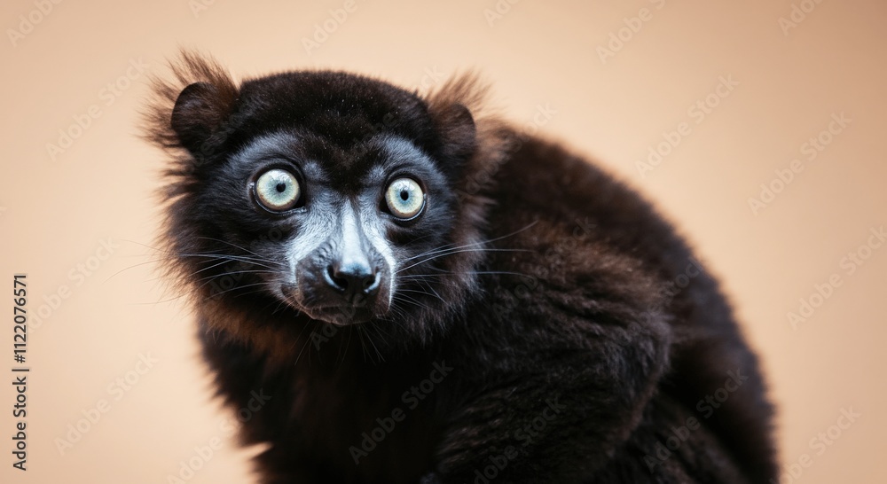 Fototapeta premium Close-up of a black lemur with vibrant eyes against neutral background