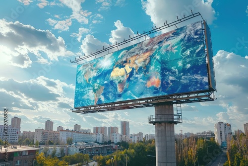 A billboard displays a satellite image of the Earth, showcasing the planet's continents and oceans.